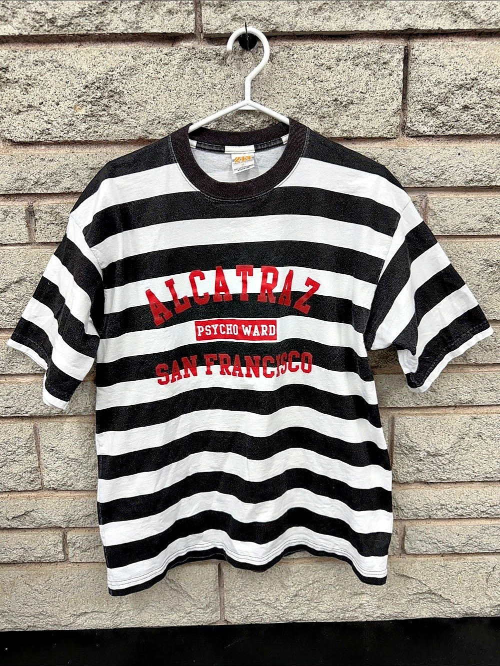 Vintage 90s 213 Urban Style Wear Alcatraz Psycho Ward Striped T-Shirt XL USA